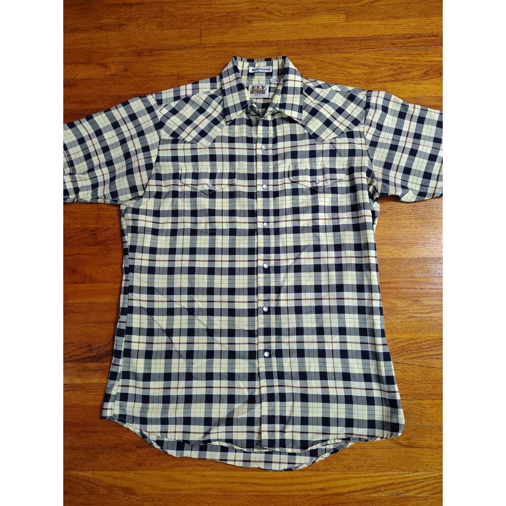 Ely Cattleman Pearl Snap Shirt Men's Medium Western Cowboy Yellow Blue Plaid